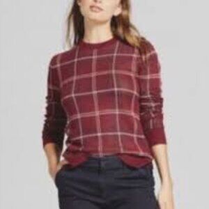 A New Day Sweater Women's Burgandy Plaid Crew Neck XL Cotton Blend Preppy